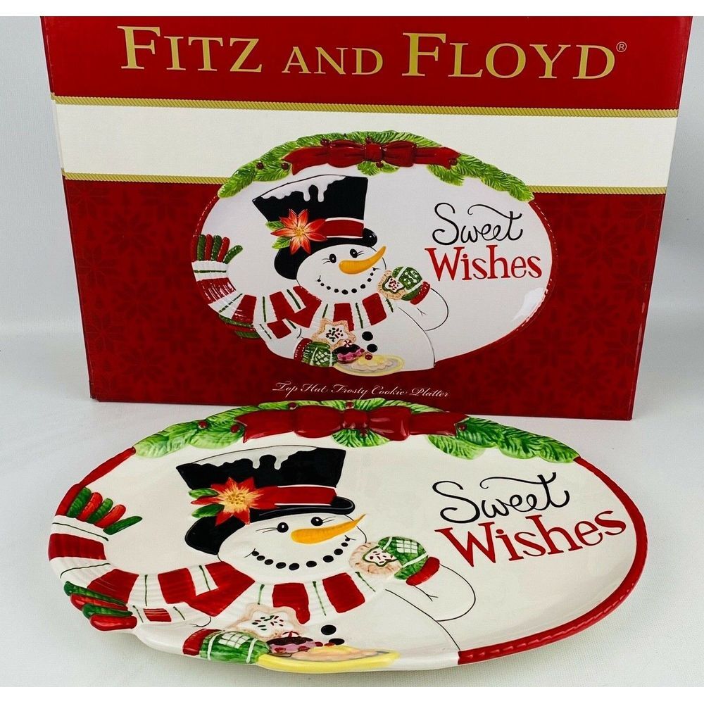 Fitz and Floyd Top Hat Frosty Cookie Platter Christmas Sweet Wishes Plate 49-503
